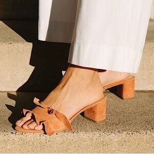 Loeffler Randall camel suede ruffled Vera block heel sandals